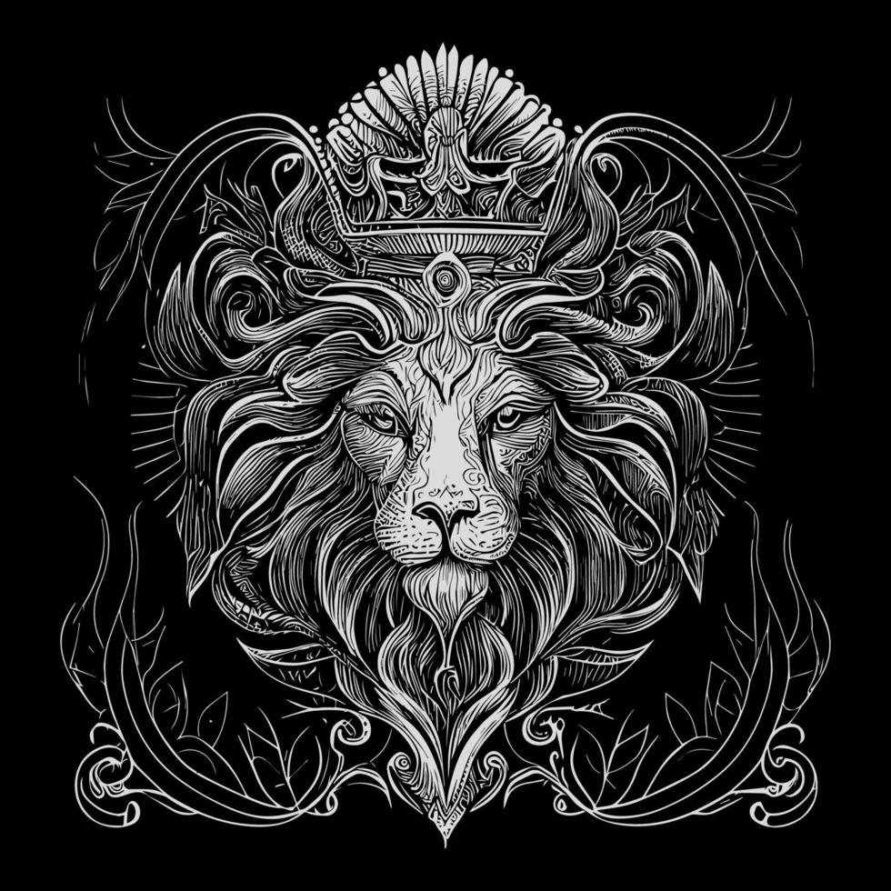 Stunning drawing portrays the majestic head of a lion adorned with a crown,symbolizing power and royalty. intricate details bring this regal creature to life, creating a truly captivating piece of art vector