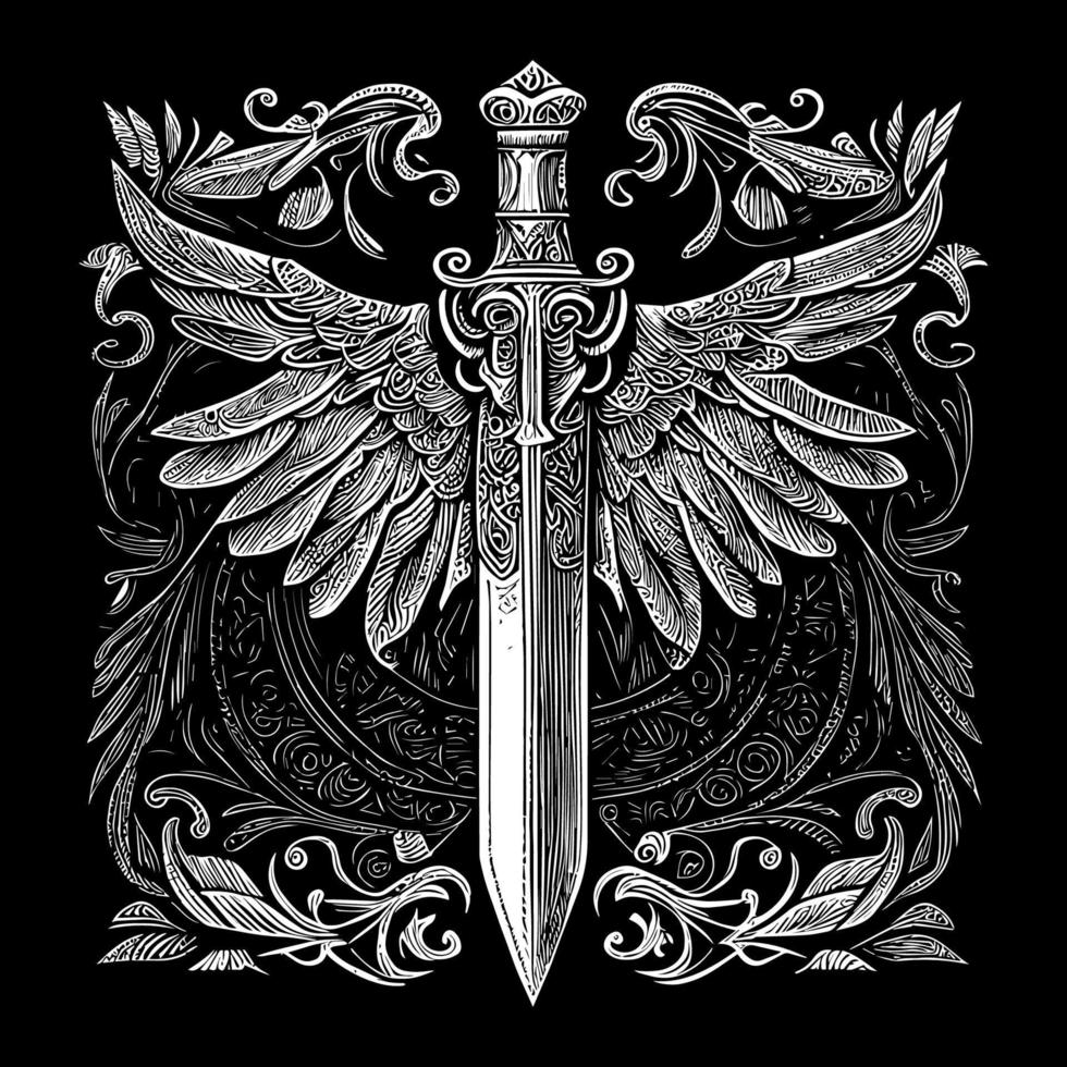 Elegant sword floral ornament line art drawing, featuring intricate details that blend the strength of a sword with the beauty of floral elements vector