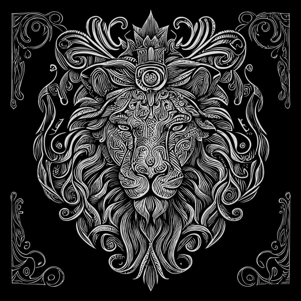 Stunning drawing portrays the majestic head of a lion adorned with a crown,symbolizing power and royalty. intricate details bring this regal creature to life, creating a truly captivating piece of art vector