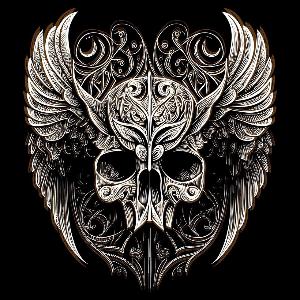 This illustration depicts a skull head with intricately detailed feathers extending into wings. The juxtaposition of death and life creates a hauntingly beautiful image vector