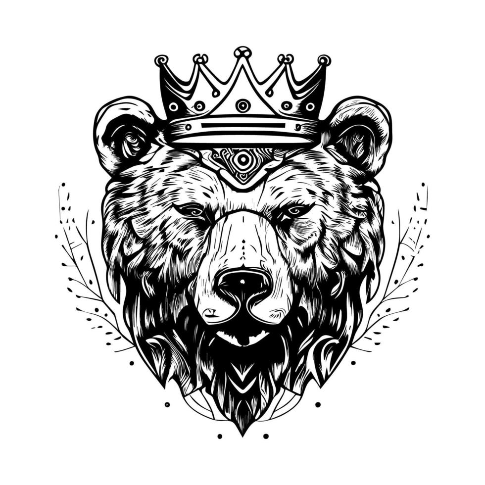 This design features a majestic bear head adorned with a crown, symbolizing strength, courage, and royalty. The intricate details and bold lines create a powerful image vector