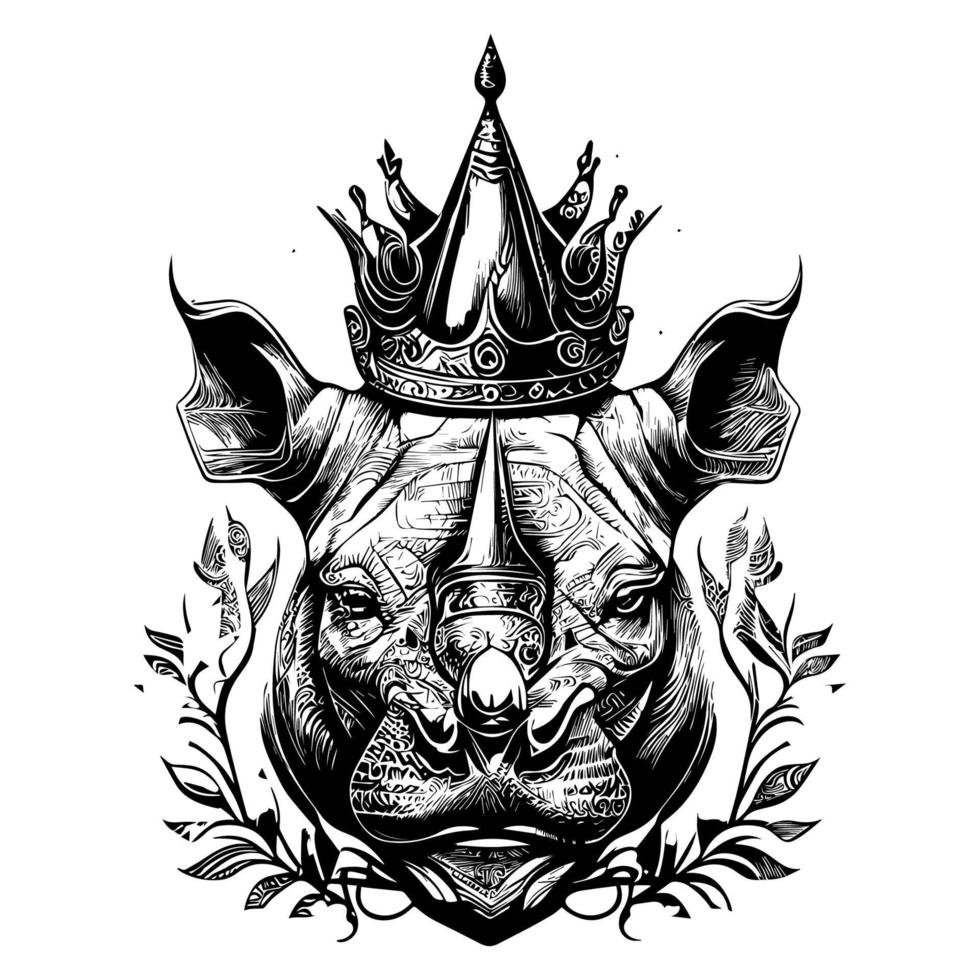Rhinoceros head with crown illustration majestic and regal depiction of powerful animal. The crown adds an air of nobility to the rhino's imposing features, including its massive horn and tough skin vector