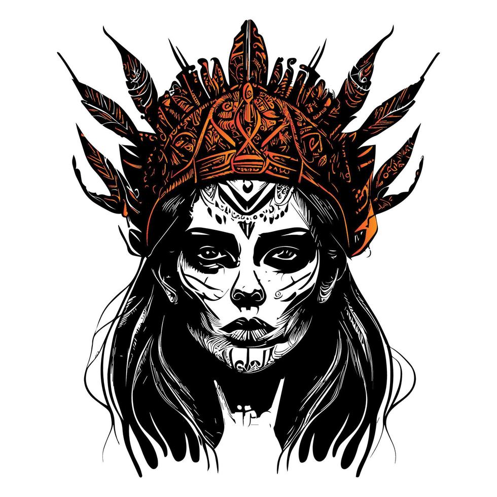 un indio niña cabeza tatuaje es un hermosa y intrincado diseño ese representa el cara de un joven mujer adornado en tradicional atuendo vector