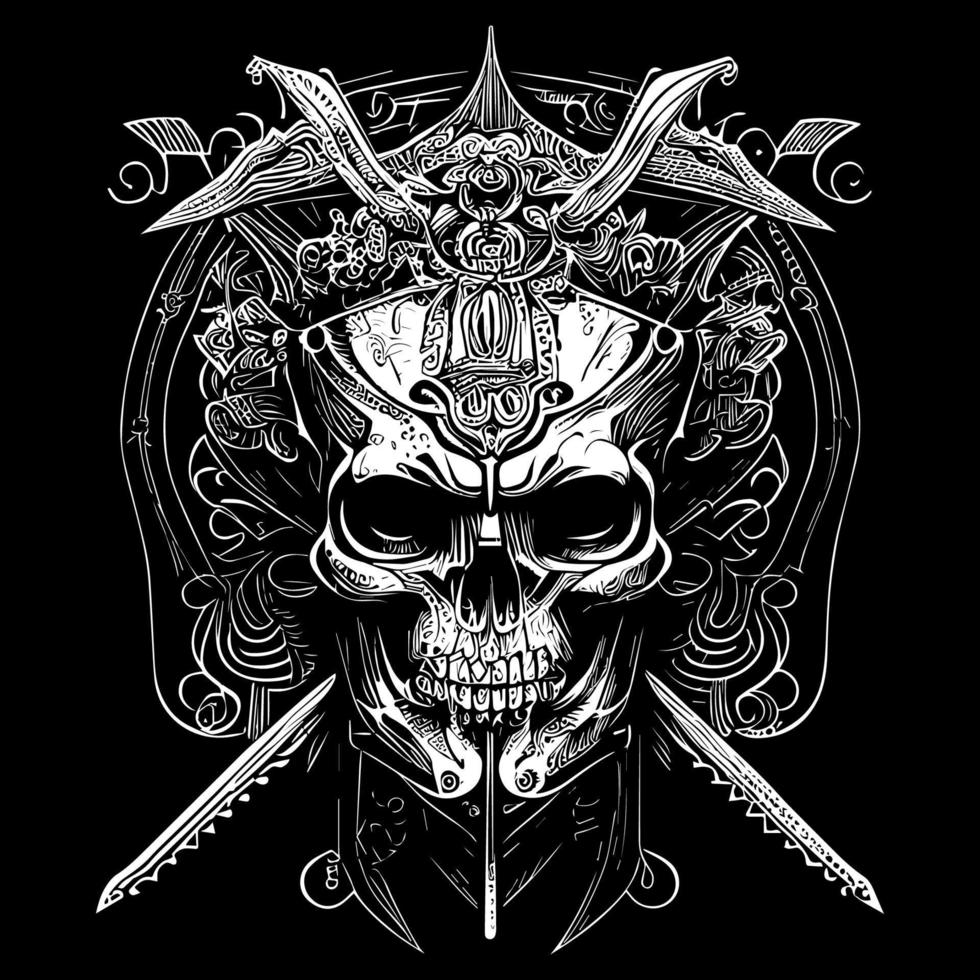 Japanese samurai skull illustration is a powerful and intimidating depiction of a warrior's head, adorned with traditional samurai armor and weapons vector