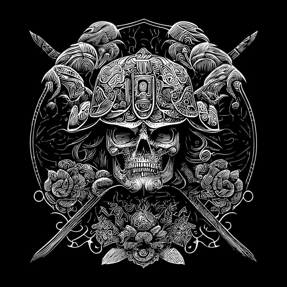 Japanese samurai skull illustration is a powerful and intimidating depiction of a warrior's head, adorned with traditional samurai armor and weapons vector