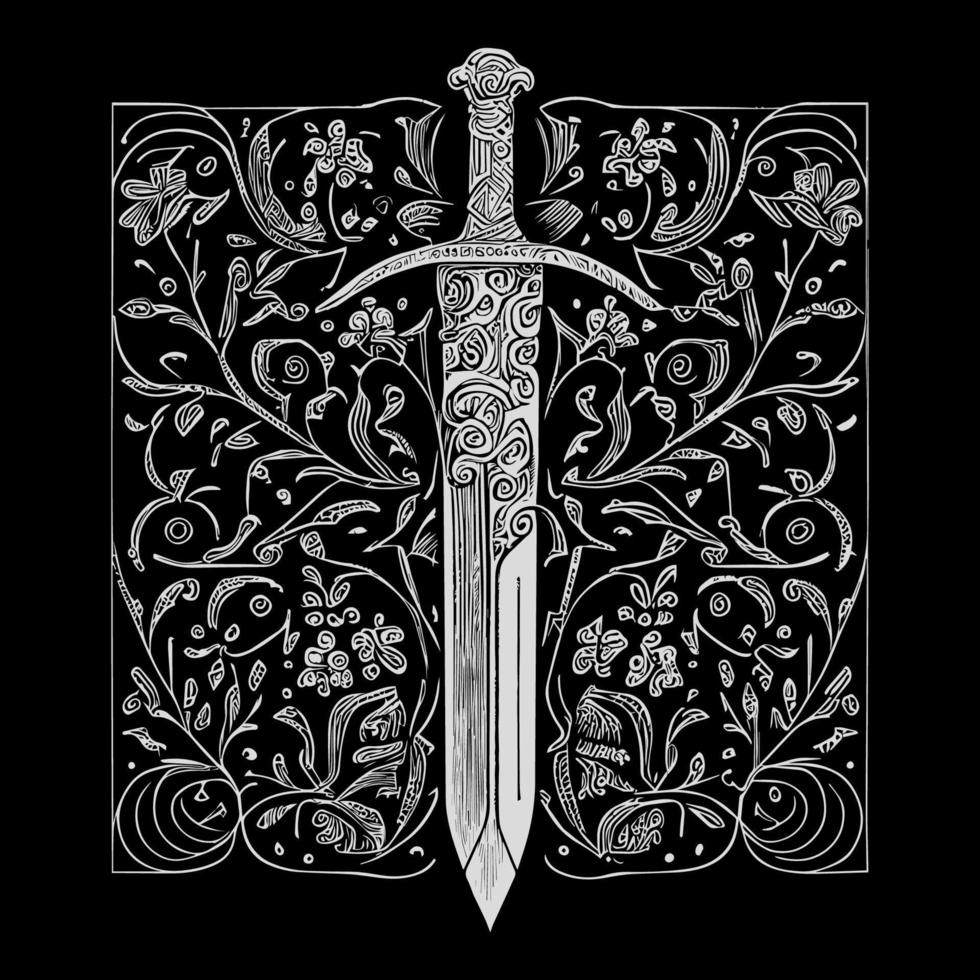 Elegant sword floral ornament line art drawing, featuring intricate details that blend the strength of a sword with the beauty of floral elements vector