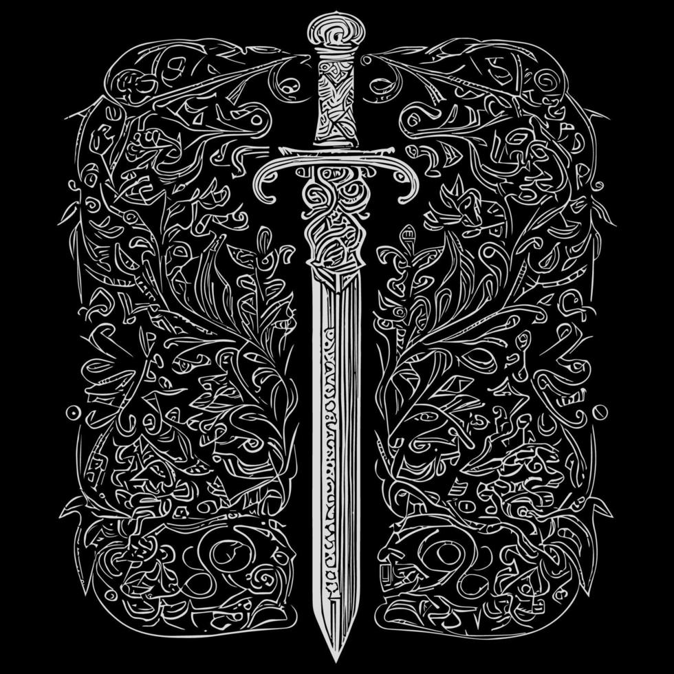 Elegant sword floral ornament line art drawing, featuring intricate details that blend the strength of a sword with the beauty of floral elements vector