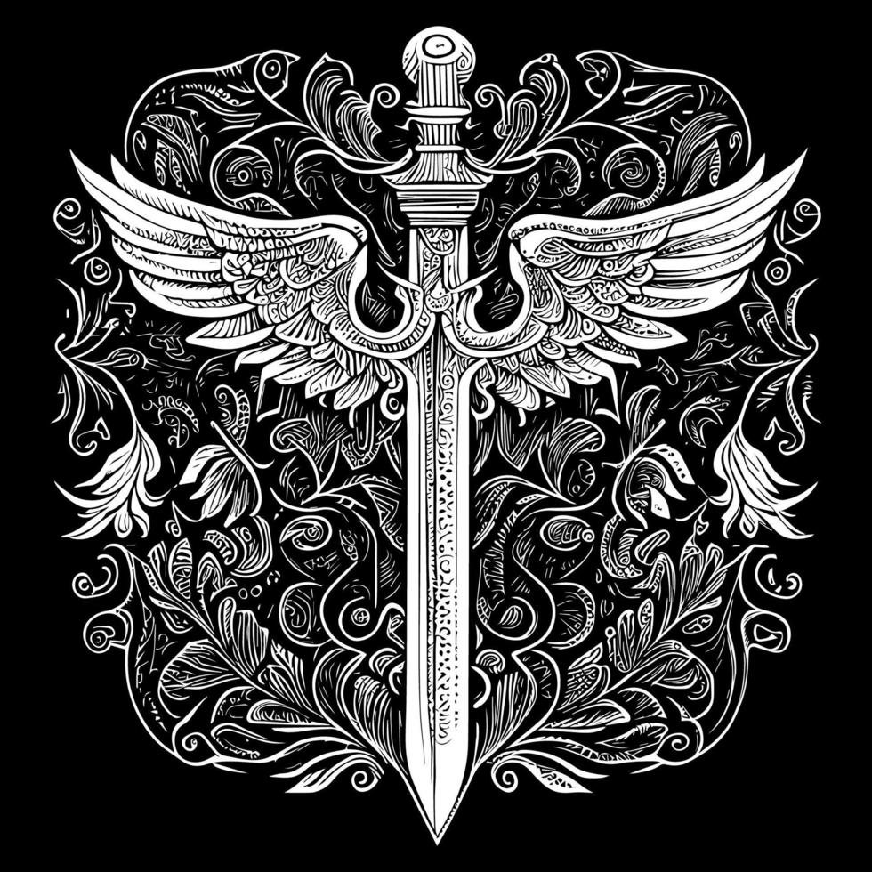 Elegant sword floral ornament line art drawing, featuring intricate details that blend the strength of a sword with the beauty of floral elements vector