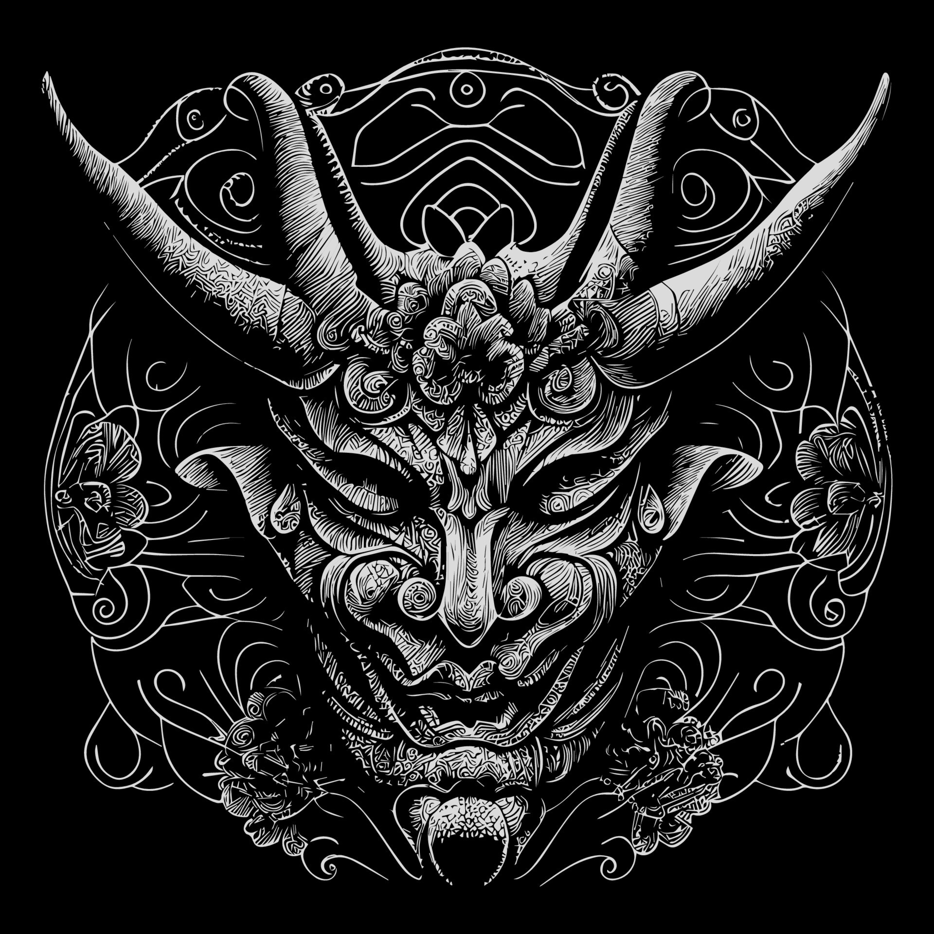 This Japan Hannya mask line art drawing depicts the haunting and