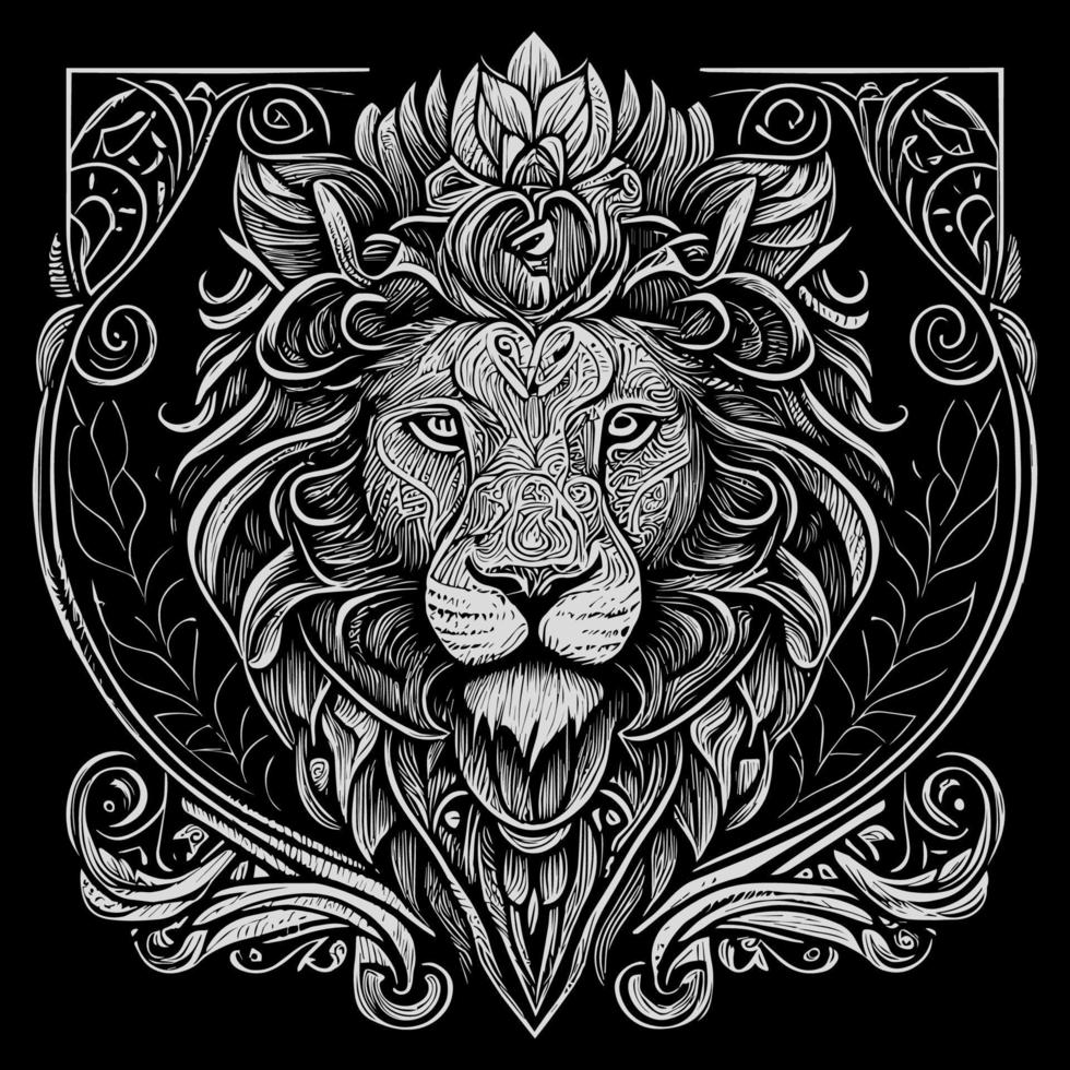 Stunning drawing portrays the majestic head of a lion adorned with a crown,symbolizing power and royalty. intricate details bring this regal creature to life, creating a truly captivating piece of art vector