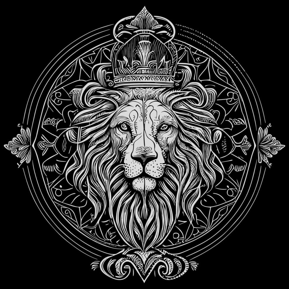 Stunning drawing portrays the majestic head of a lion adorned with a crown,symbolizing power and royalty. intricate details bring this regal creature to life, creating a truly captivating piece of art vector