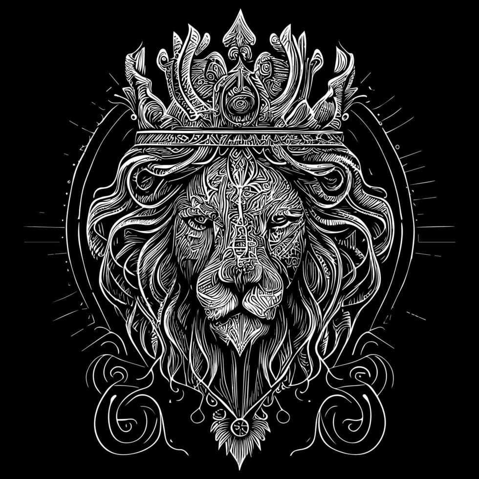 Stunning drawing portrays the majestic head of a lion adorned with a crown,symbolizing power and royalty. intricate details bring this regal creature to life, creating a truly captivating piece of art vector