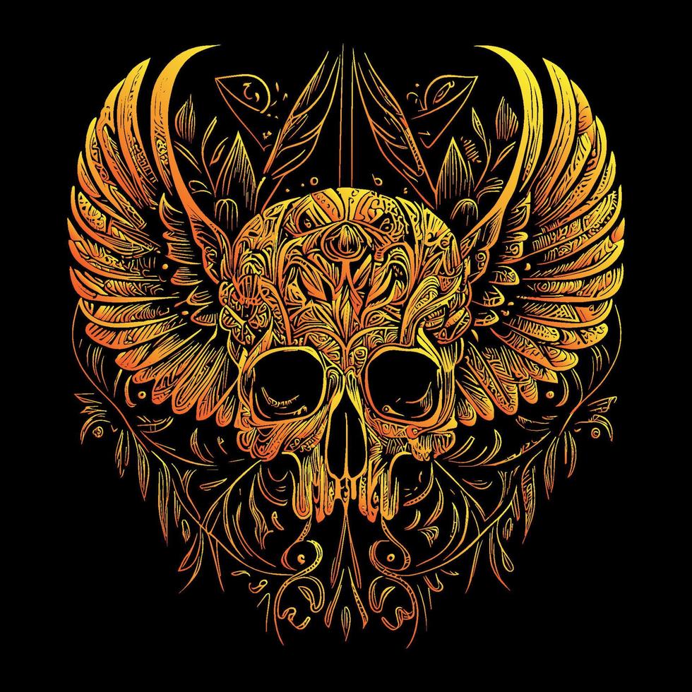 This illustration depicts a skull head with intricately detailed feathers extending into wings. The juxtaposition of death and life creates a hauntingly beautiful image vector