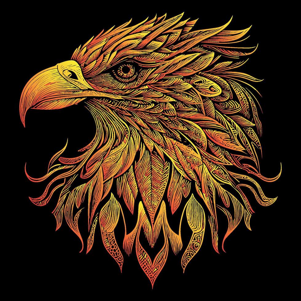 This illustration portrays the fierce and majestic head of an American eagle, with piercing eyes, sharp beak, and detailed feathers. A symbol of power and freedom vector