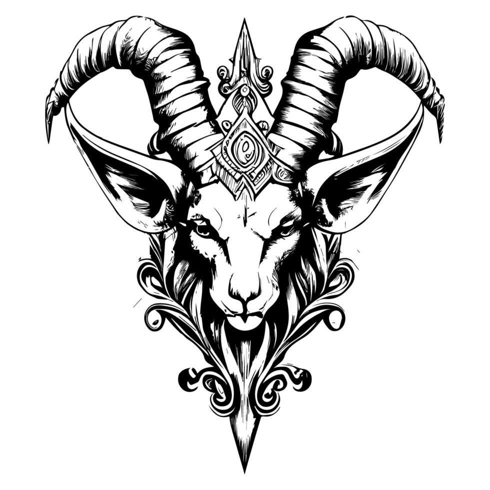 The goat head illustration is a captivating portrayal of this domesticated animal, featuring its striking horns and expressive eyes vector