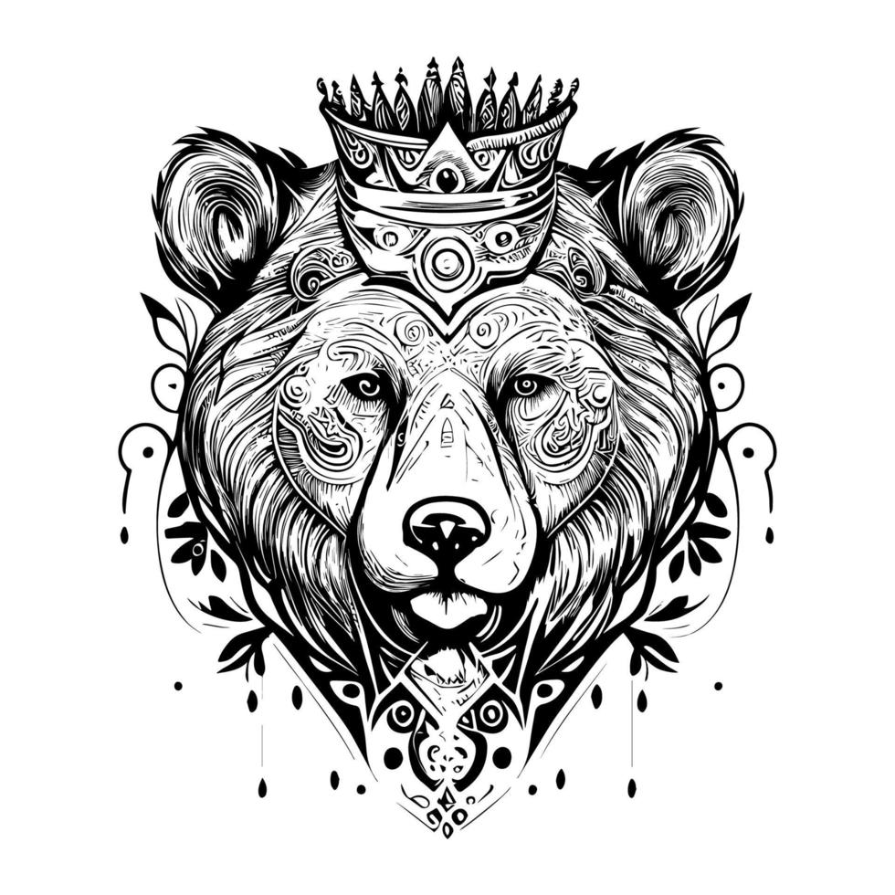 This design features a majestic bear head adorned with a crown, symbolizing strength, courage, and royalty. The intricate details and bold lines create a powerful image vector