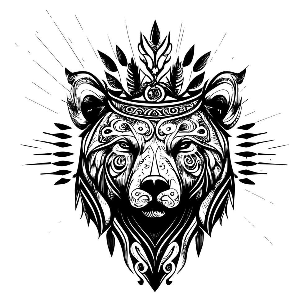 This design features a majestic bear head adorned with a crown, symbolizing strength, courage, and royalty. The intricate details and bold lines create a powerful image vector