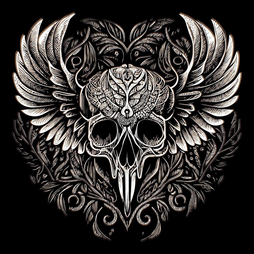 This illustration depicts a skull head with intricately detailed feathers extending into wings. The juxtaposition of death and life creates a hauntingly beautiful image vector
