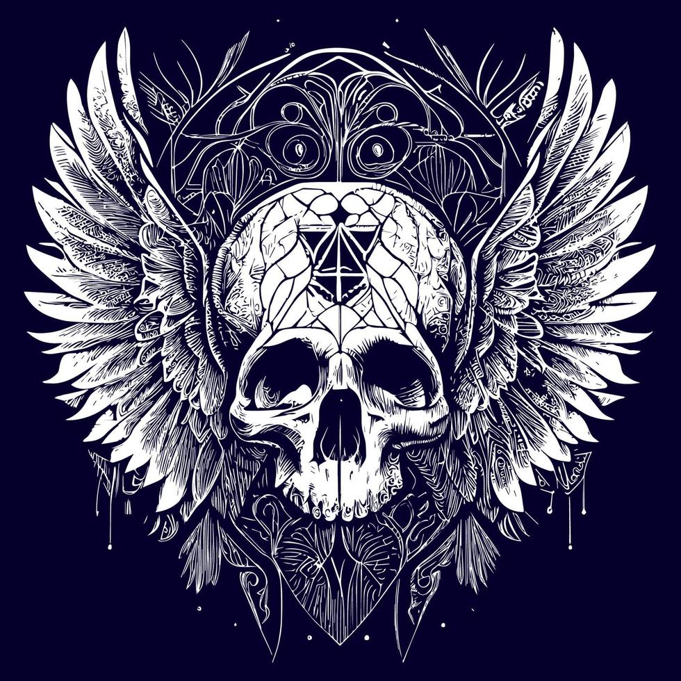 This illustration depicts a skull head with intricately detailed feathers extending into wings. The juxtaposition of death and life creates a hauntingly beautiful image vector