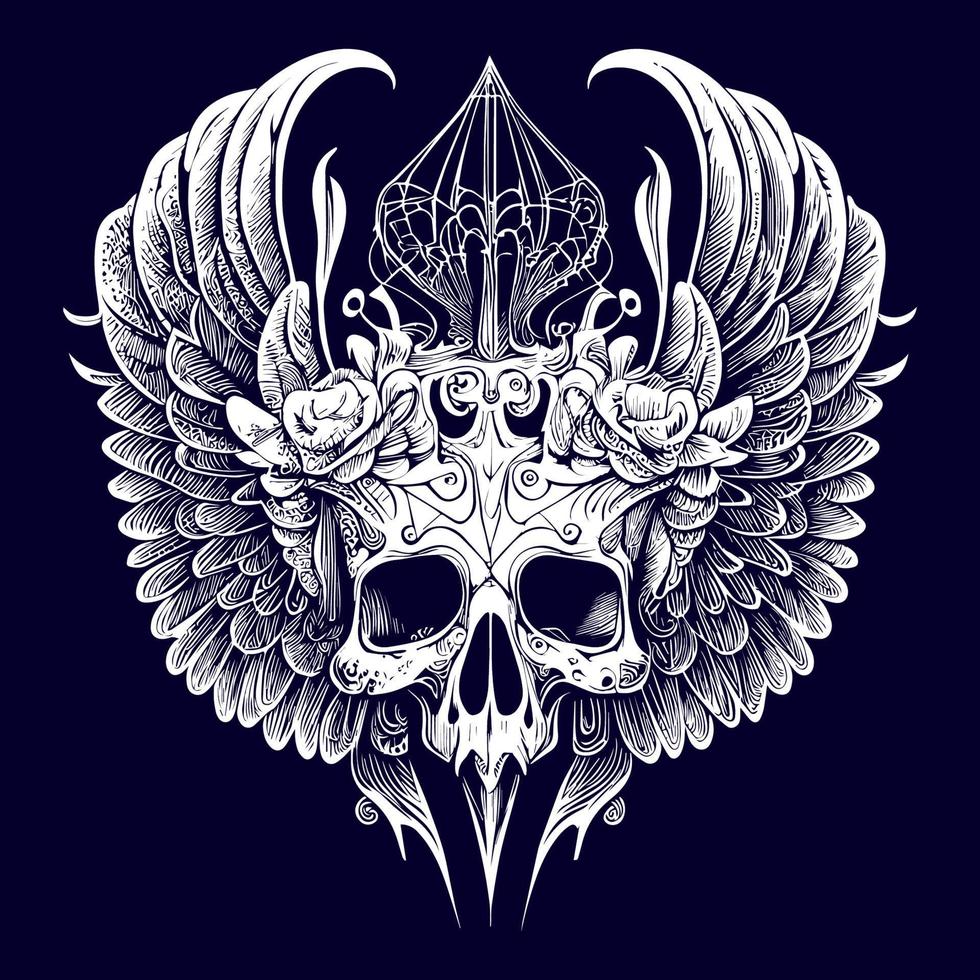 This illustration depicts a skull head with intricately detailed feathers extending into wings. The juxtaposition of death and life creates a hauntingly beautiful image vector