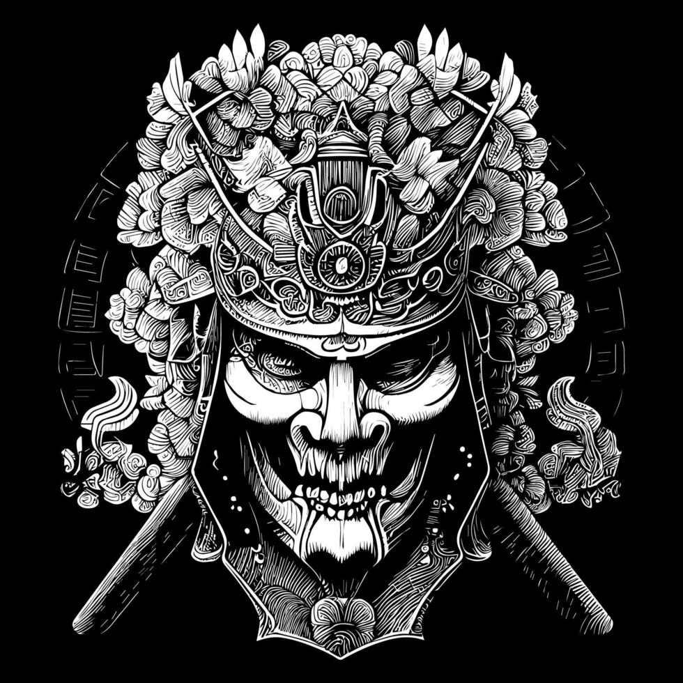 japonés samurai cráneo ilustración es un poderoso y intimidante representación de un de guerrero cabeza, adornado con tradicional samurai armadura y armas vector