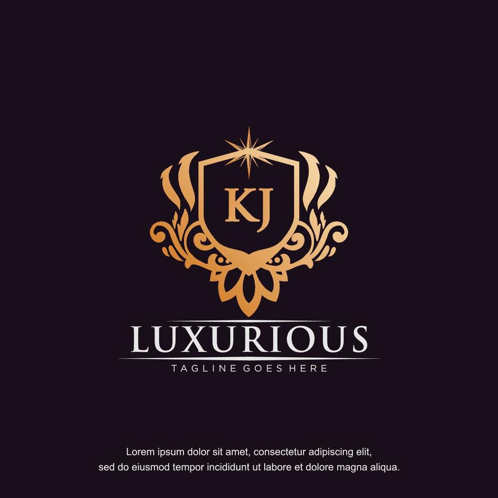 KJ initial letter luxury ornament gold monogram logo template vector art.