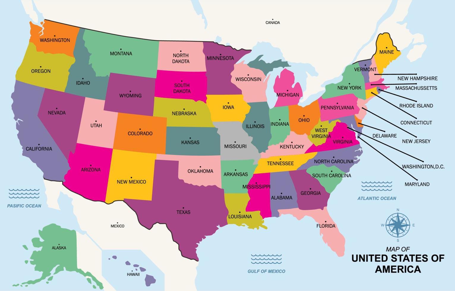 mapa de unido estados de America con estados nombre vector