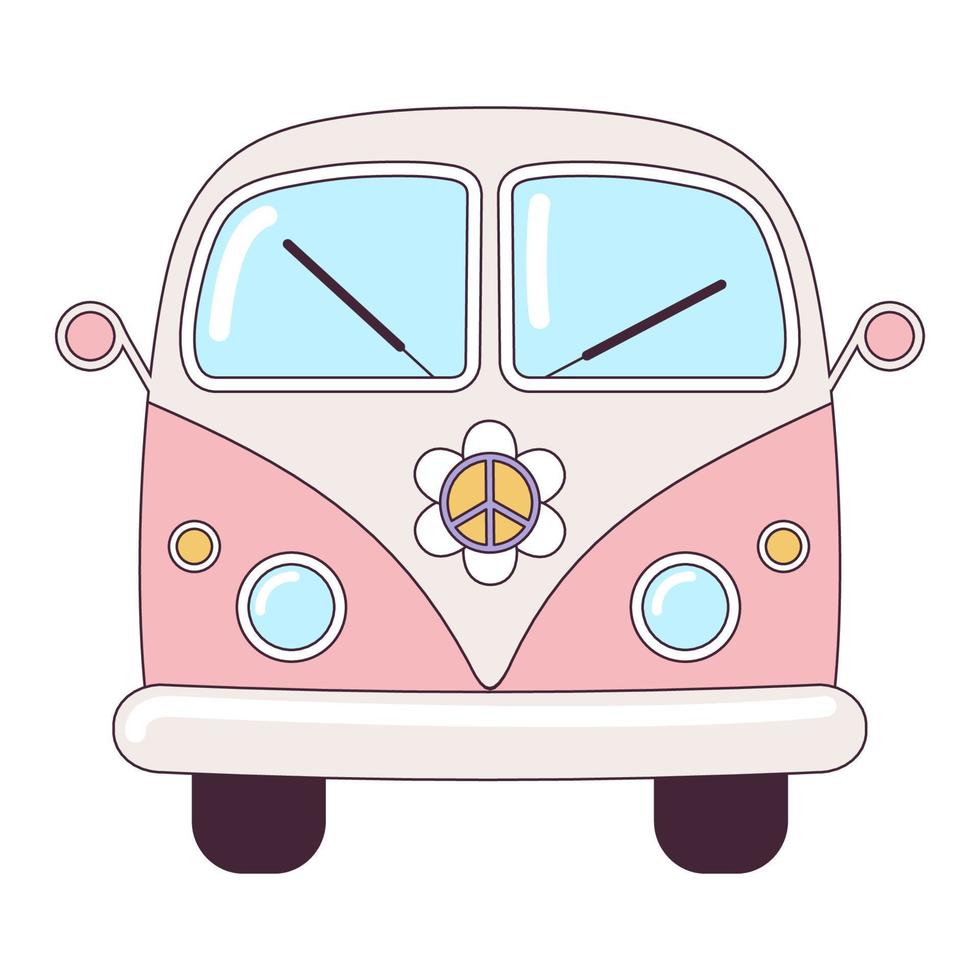 Hippie vintage pink car a mini van retro bus 1960s, 60s, 70s. Groovy Psychedelic cartoon element - funky illustration in hippie style. Flat vector illustration isolated on the white background.