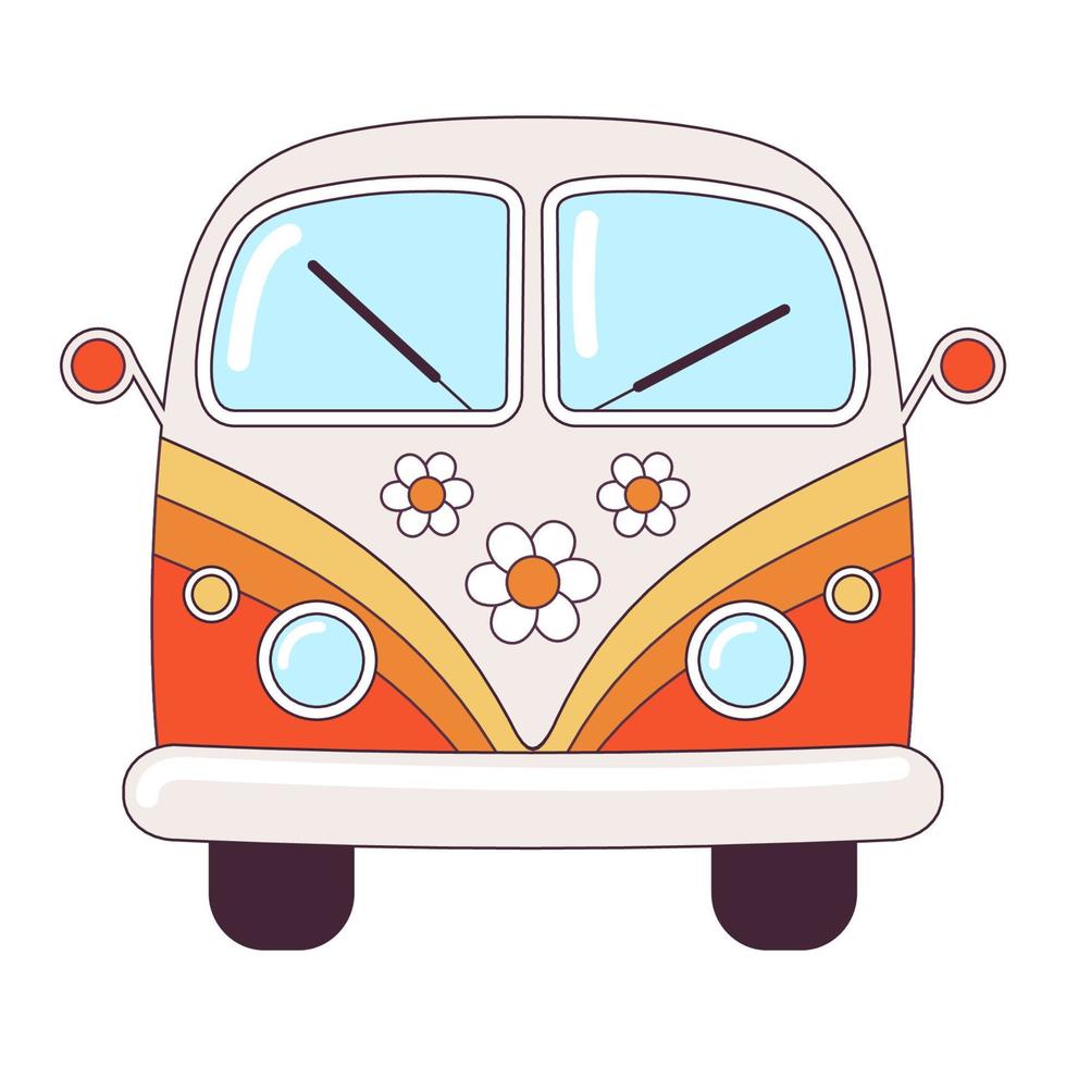 Hippie vintage orange car a mini van retro bus 1960s, 60s, 70s. Groovy Psychedelic cartoon element - funky illustration in hippie style. Flat vector illustration isolated on the white background.