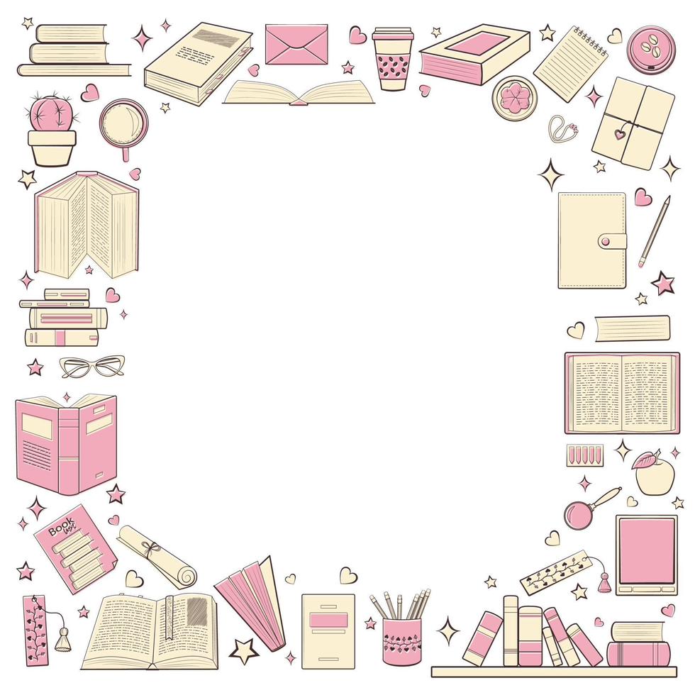 Books frame pink-yellow vector