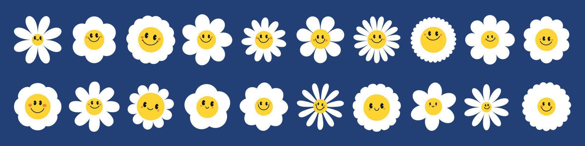 Groovy daisy flowers face collection. Retro chamomile smiles in cartoon style. Happy stickers set from 70s. Vector graphic illustration