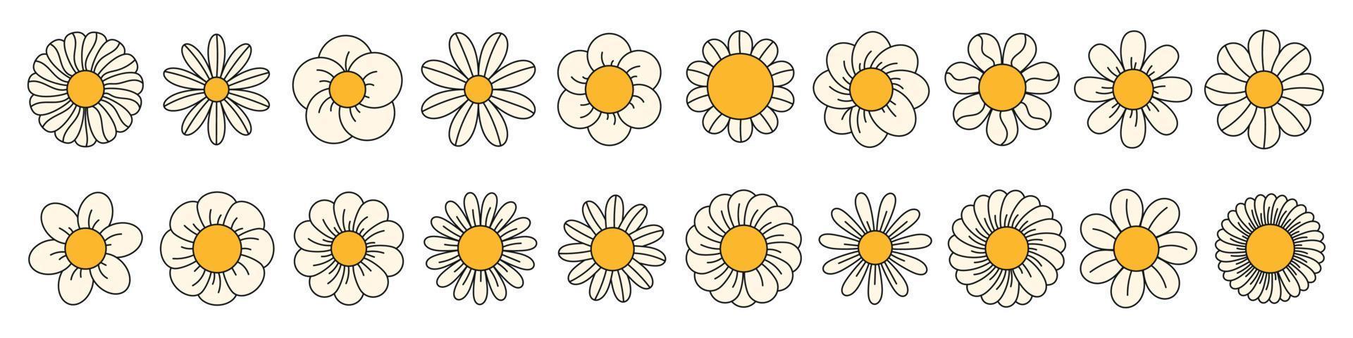 Groovy daisy flowers face collection. Retro chamomile in cartoon style. Happy stickers set from 70s. Vector graphic illustration