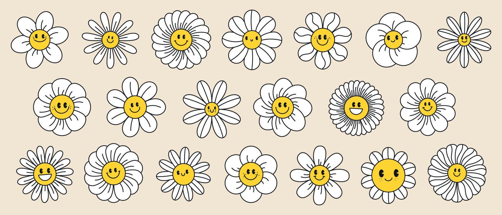 Groovy daisy flowers face collection. Retro chamomile smiles in cartoon style. Happy stickers set from 70s. Vector graphic illustration