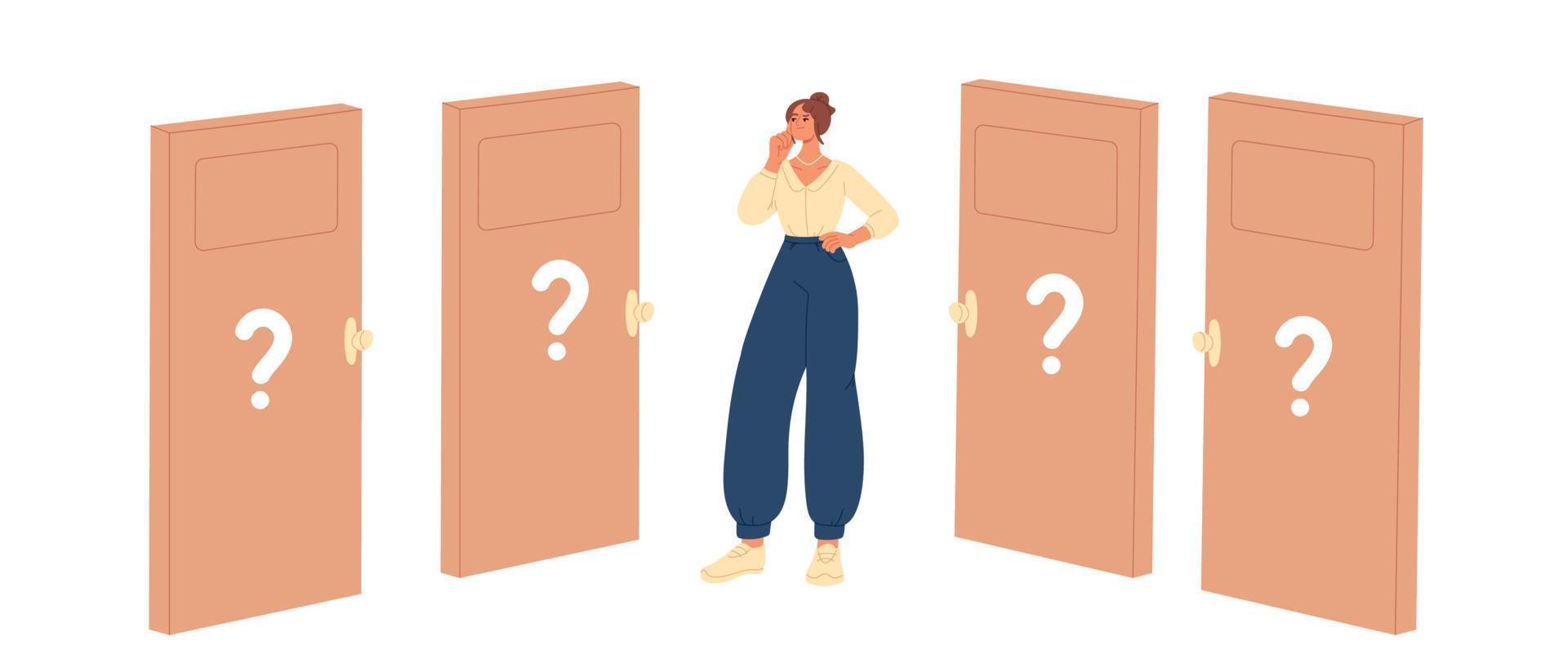 Woman make difficult choice. Success or failure concept. choose door for future. Dilemma concept. Flat vector illustration