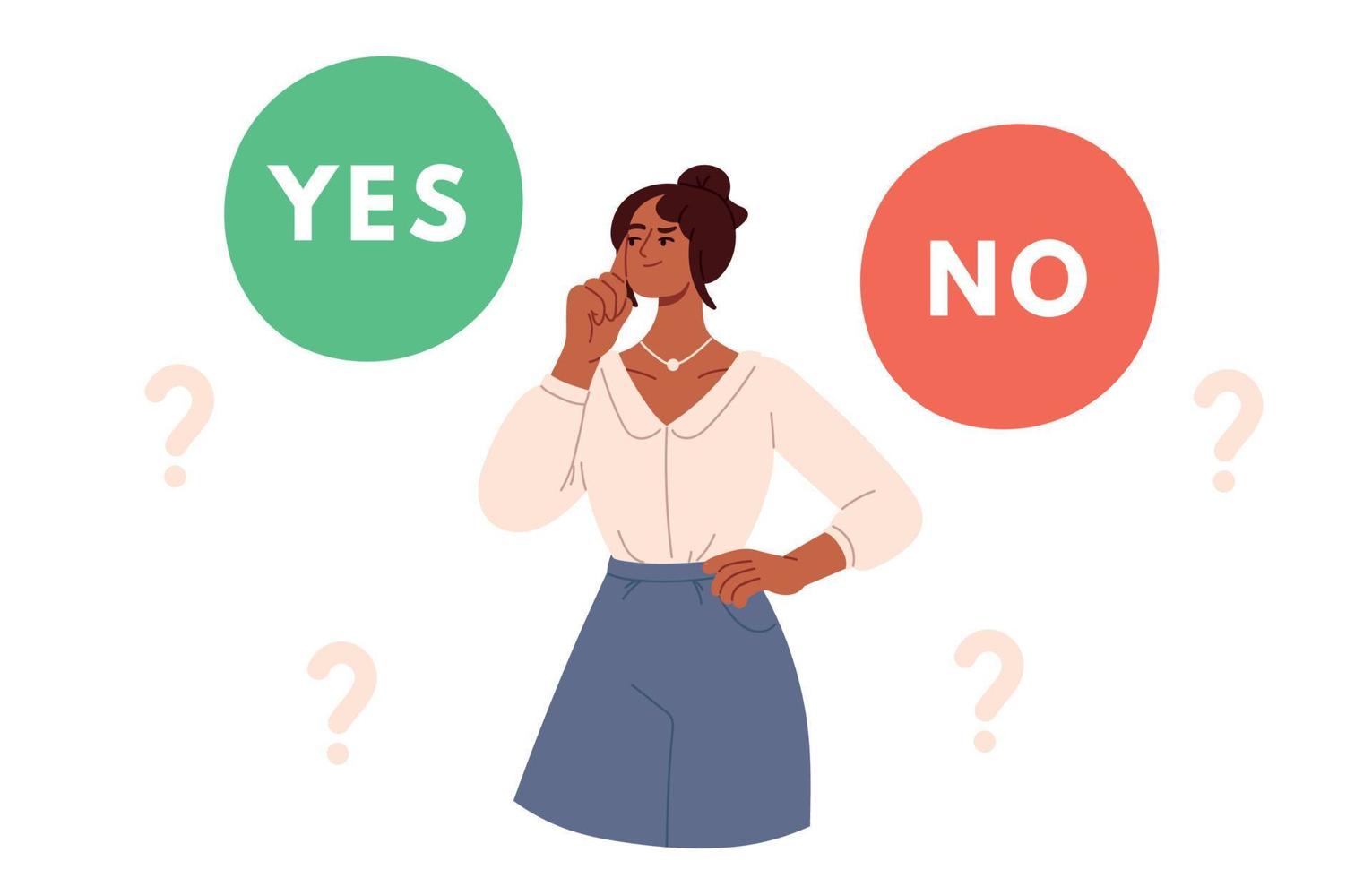 Woman making decision. Person doubting,choosing between two alternatives, solving problems. Dilemma concept. Flat vector illustration