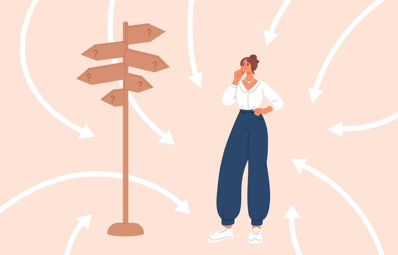 Woman make difficult choice. Success or failure concept. Dilemma concept. Flat vector illustration