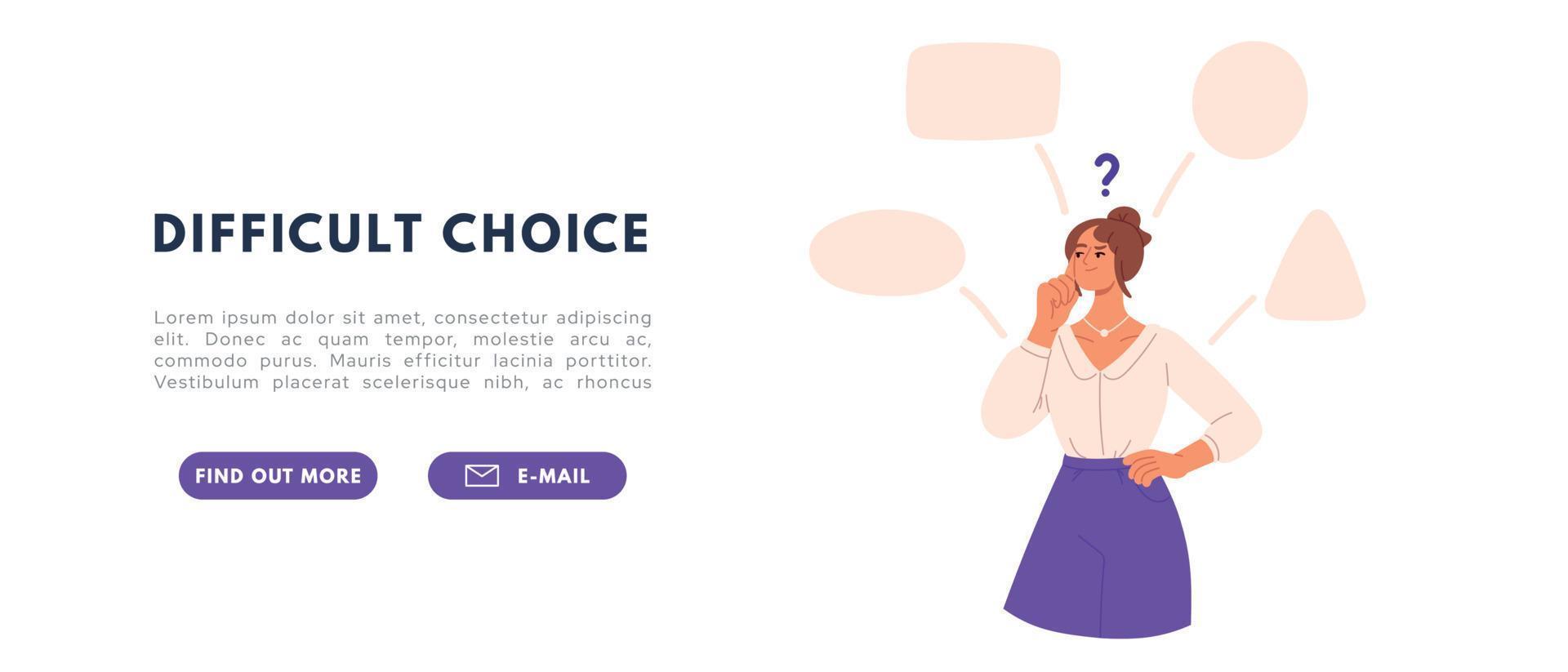 Woman choose and doubt. Choose complex ways concept. Solution making path. Flat vector illustration