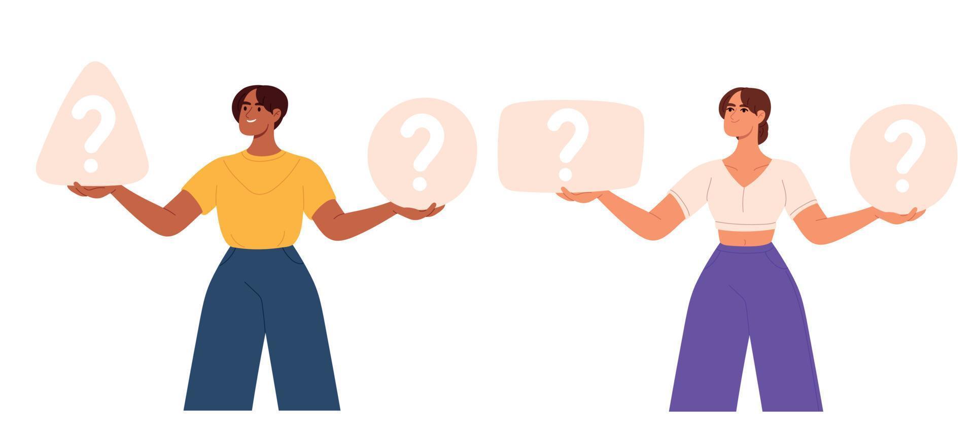 Person making choice concept. People with dilemma choices reply. Man and woman doubt, find two decisions. Flat vector illustration