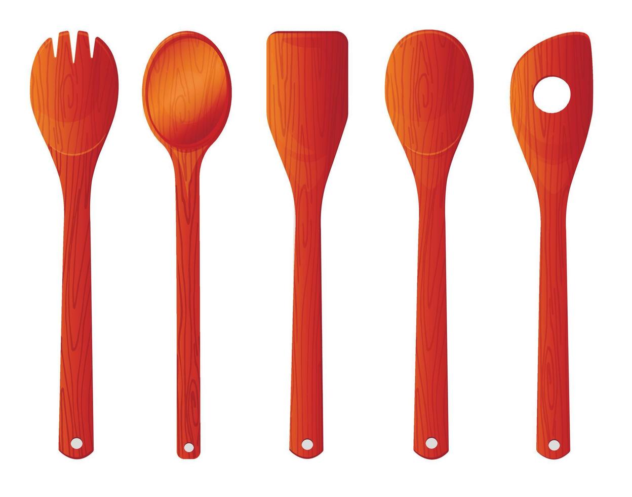 Wooden spoons and spatulas. Vector stock illustration. A set of kitchen spoons spatulas stirrers for cooking. Isolated on a white background. Cooking utensils.