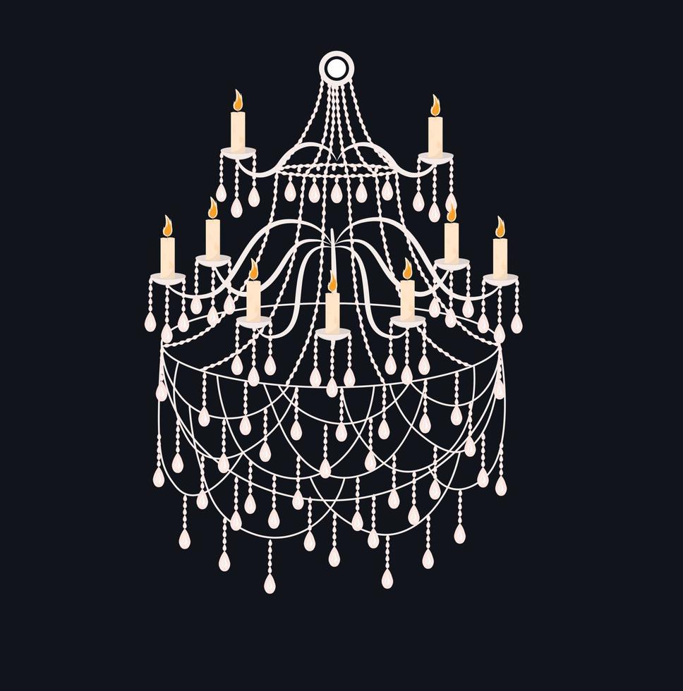 Classic crystal chandelier. Vector illustration. Vintage cross highlighted on a black background. Ceiling interior in retro style. Lighting.