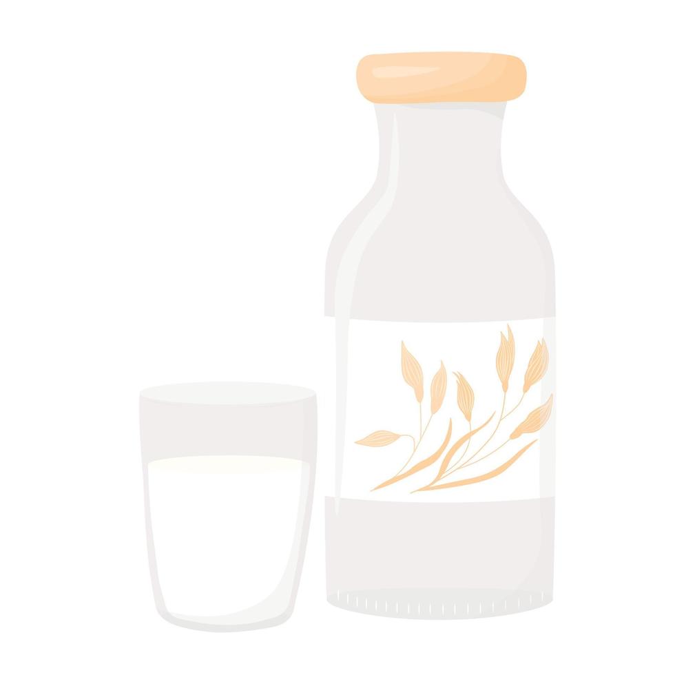 Oat milk in a glass bottle. A glass of milk. Vector illustration. Isolated on a white background. farm products. Oats. Vegan, natural.