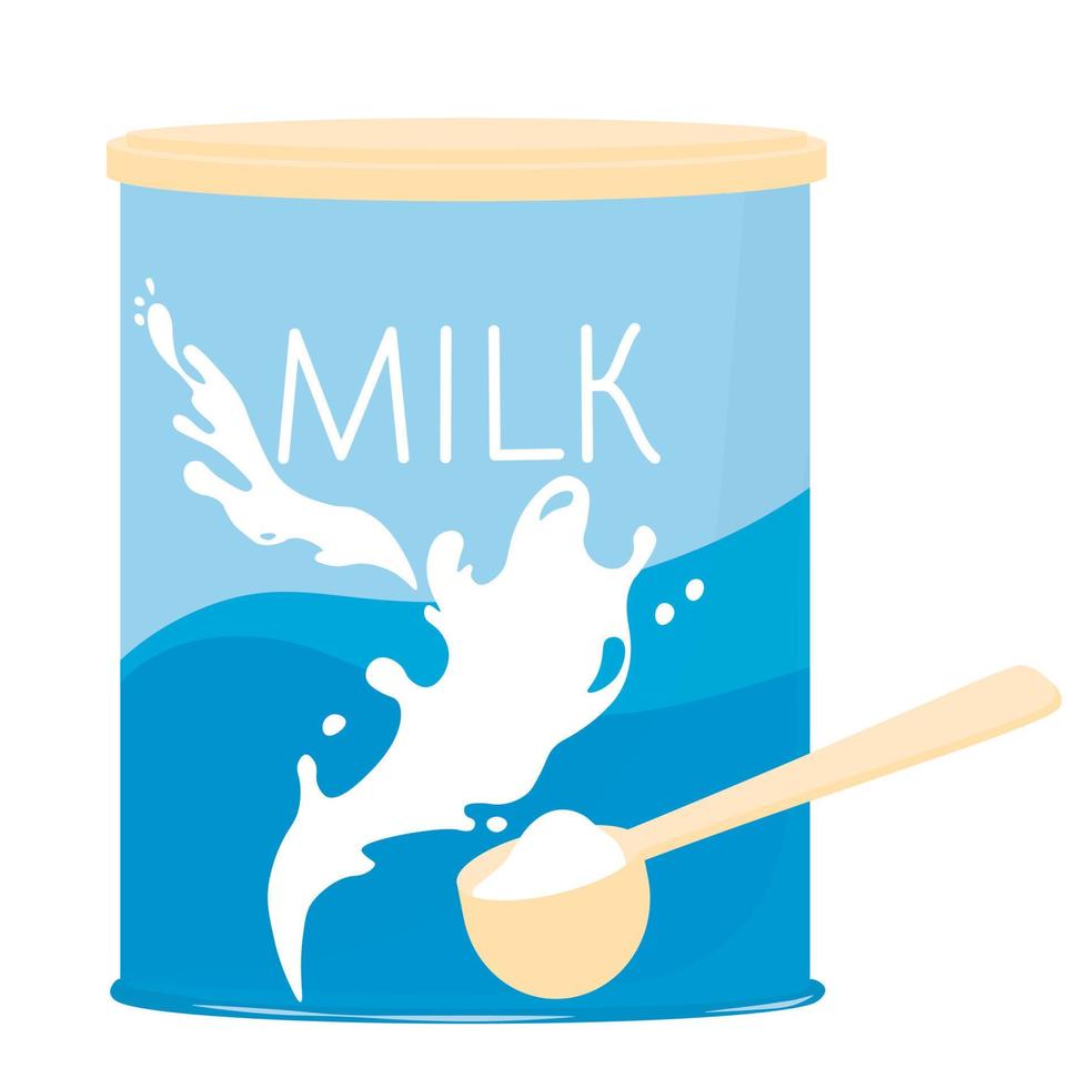 Baby milk powder. Vector illustration. Simple powder milk in aluminium can full  plastic measuring spoon or scoop. Powdered milk formula canned.