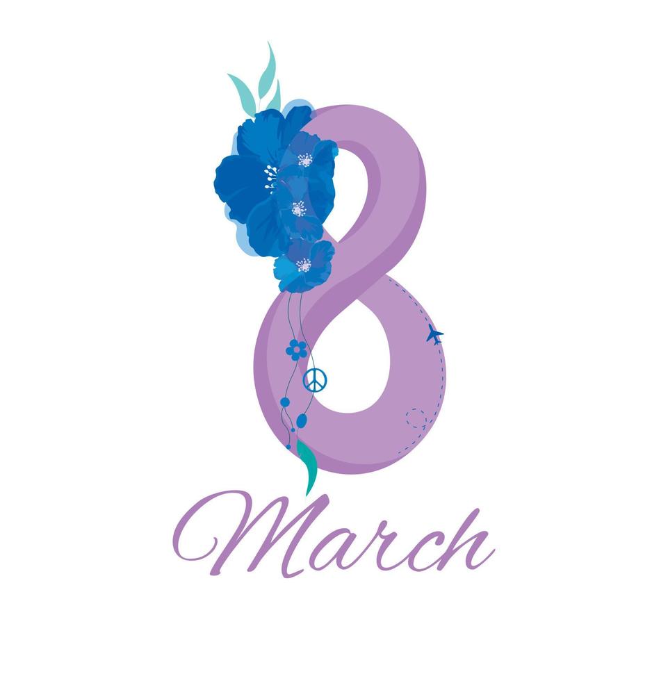 Women day. 8 March card. Vector stock illustration. Purple colors, blue buds. Airplane. Isolated on a white background.