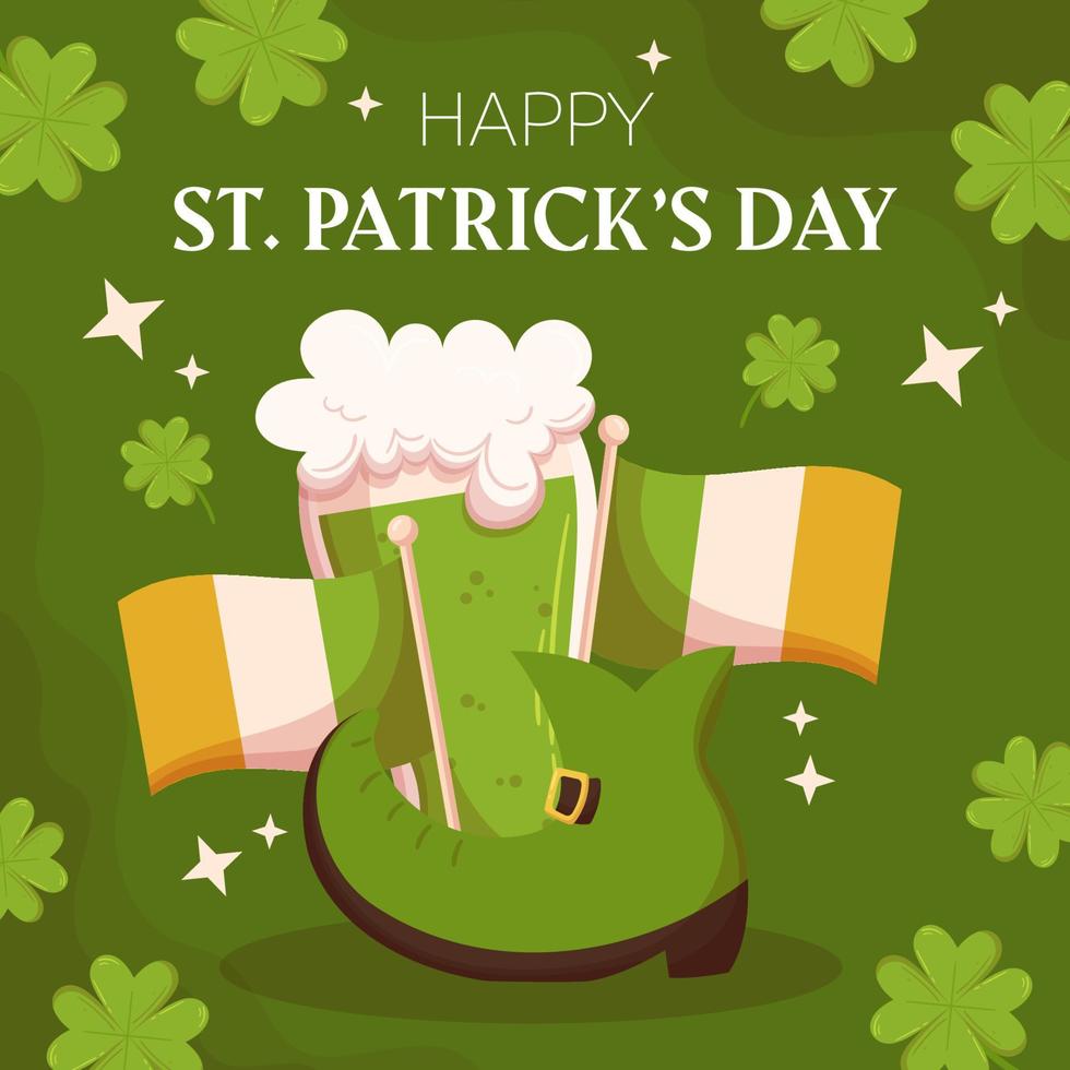 St.Patricks Day holiday square template design with green leprechaun boot, Irish flag and glass with green beer. Concept for square social media post with shamrock on the back. vector