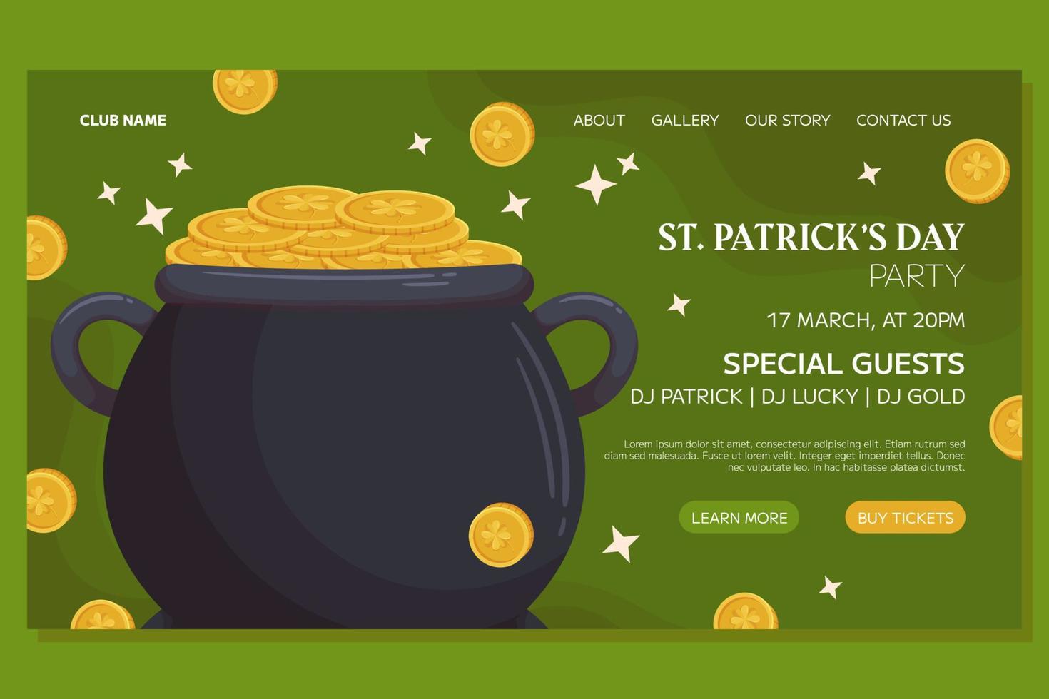 St.Patricks Day holiday Landing page template event design. Leprechaun cauldron and golden coins with shamrock. Web page with party invitation for club and pub vector
