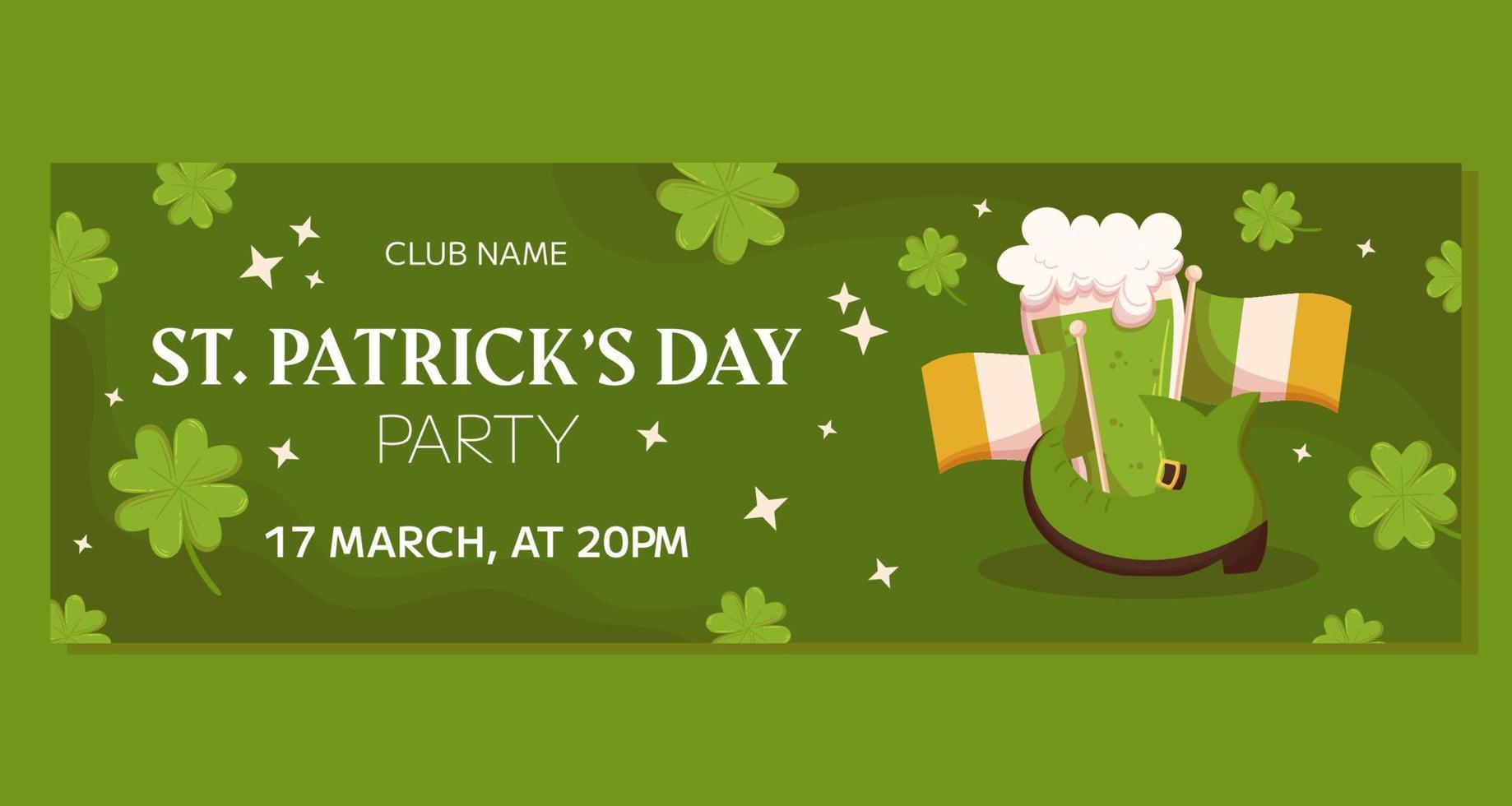 St.Patricks Day holiday horizontal party banner template design. Green leprechaun boot, Irish flag and glass with green beer. Invitation banner for club, concept with shamrock on the back. vector