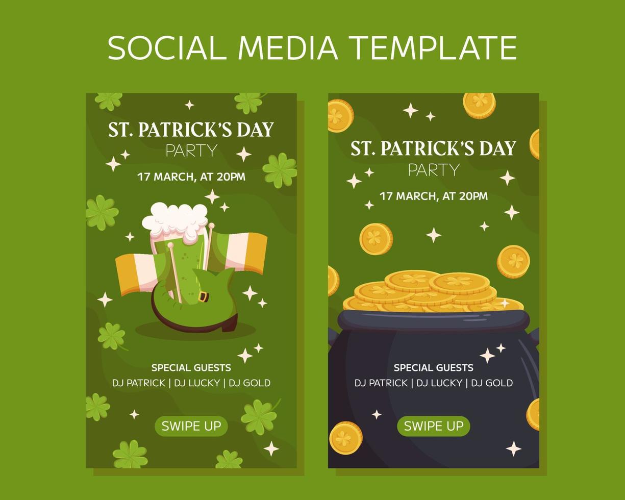 St.Patricks Day holiday vertical social media stories template design. Leprechaun boot, Irish flag, glass with green beer, pot with gold coins. Party invitation for club and pub vector