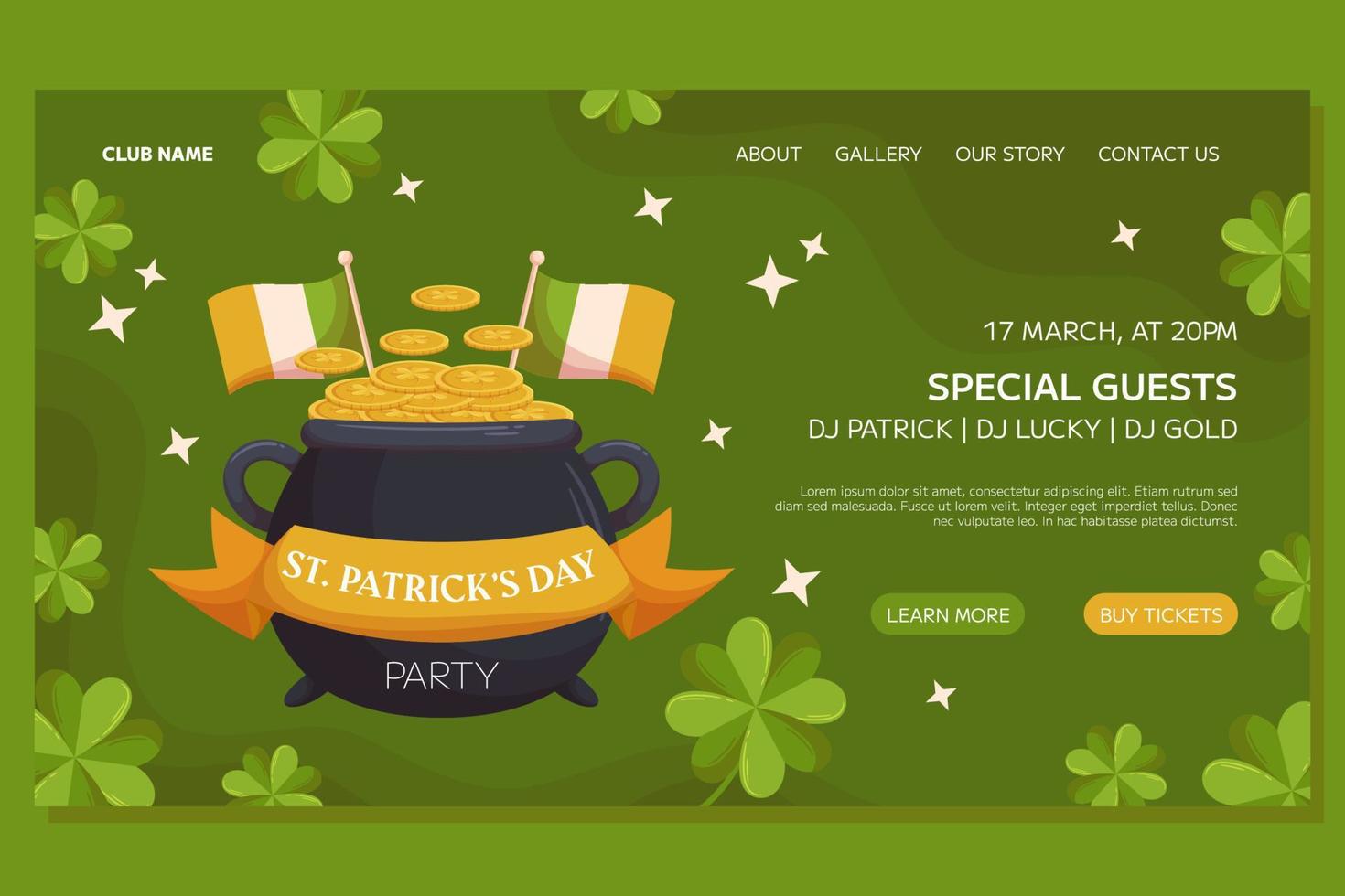 St.Patricks Day holiday Landing page template event design. Leprechaun pot ang gold coins, irish flags and ribbon. Web page with party invitation for club and pub vector