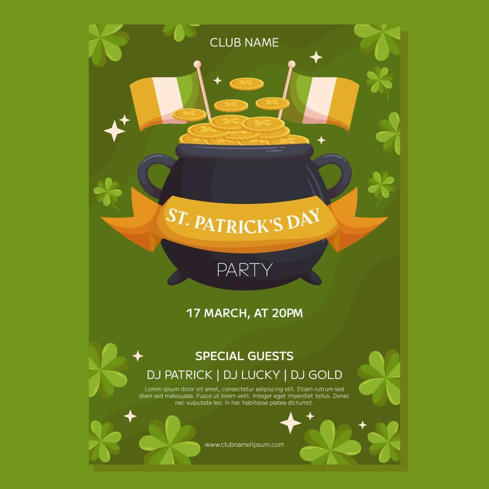 St.Patricks Day holiday Party poster template design. Leprechaun pot ang gold coins, irish flags and ribbon. Event invitation for club and pub vector