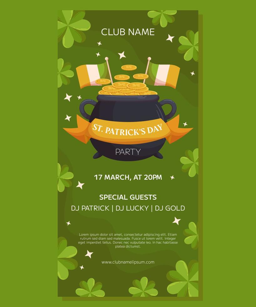 St.Patricks Day holiday vertical party banner template design. Leprechaun pot ang gold coins, irish flags and ribbon. Event invitation for club and pub vector